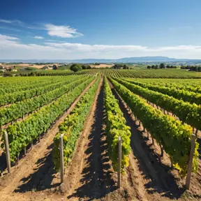 A sprawling, vibrant vineyard at harvest time, rows of grapevines stretching to the horizon under a clear, blue sky, with workers bustling among the vines.