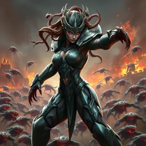 Sarah Kerrigan, the ruler of the Swarm, portrayed in a dynamic action shot, her body contorted in a battle stance, surrounded by a swarm of Zerglings, her armor detailed with the textures of chitinous plates and glowing veins, against a backdrop of a burning Terran colony.