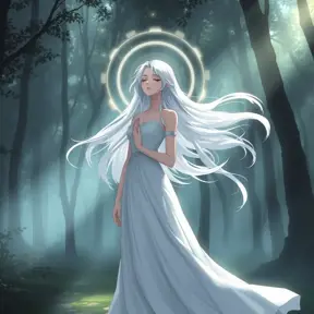 An ethereal anime character with flowing white hair, wearing a simple yet elegant gown, standing in a misty forest, the light filtering through the trees creating a halo around her, her eyes closed in peaceful meditation.