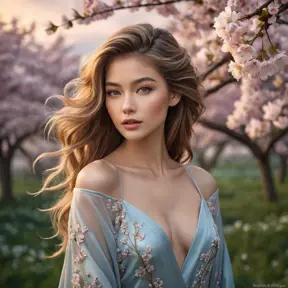 A stunning model with ethereal features, standing amidst a field of blooming cherry blossoms under a twilight sky, her hair flowing like silk in the gentle breeze.