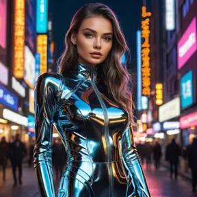 A mesmerizing model in a futuristic, metallic outfit, standing against a backdrop of a bustling city at night, neon lights reflecting off her glossy attire.