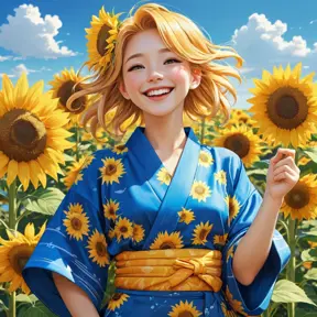 A cheerful anime character with bright golden hair, dressed in a vibrant yukata, surrounded by a field of sunflowers under a clear blue sky, her laughter echoing through the fields.