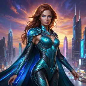 Sarah Kerrigan, the Queen of Blades, depicted in a stunning digital painting, her form cloaked in a flowing, ethereal gown that shimmers with the colors of a nebula, her eyes glowing with a fierce, yet captivating, blue light, set against a backdrop of a futuristic cityscape at twilight, with neon lights reflecting off her armor.