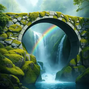 An ancient, moss-covered stone bridge arching over a cascading waterfall, with mist rising to meet a vibrant rainbow.