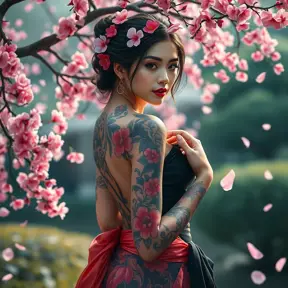 A beautiful tattooed woman with a full sleeve of vibrant cherry blossoms winding up her arm, standing against a backdrop of a serene Japanese garden, the petals gently falling around her.