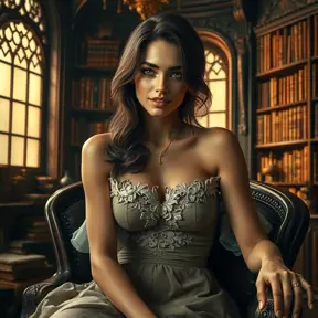 A breathtaking model with an enigmatic smile, seated in a vintage library, surrounded by ancient tomes and soft, warm light filtering through ornate windows.