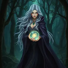 A stunning female witch, with long flowing silver hair and piercing emerald eyes, stands amidst a dense, enchanted forest at twilight, her cloak billowing around her as she holds a glowing crystal ball, the trees illuminated by a soft, mystical light.