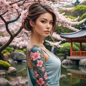 A beautiful tattooed woman with a full sleeve of vibrant cherry blossoms winding up her arm, standing against a backdrop of a serene Japanese garden, the petals gently falling around her.