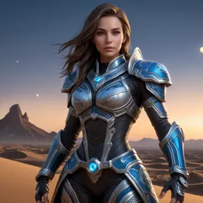 A captivating female rogue from StarCraft, standing at the edge of a vast, alien desert under a twilight sky, her armor adorned with intricate tribal patterns, a holographic map floating before her, her stance confident and ready for adventure.