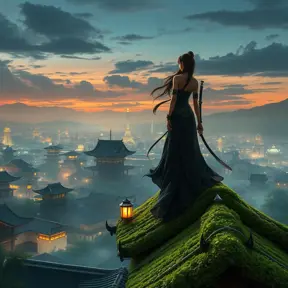 A stunning female ninja perched atop a moss-covered roof of a traditional Japanese temple, the cityscape below her sprawling and illuminated by the soft glow of lanterns, her silhouette sharply defined against the twilight sky