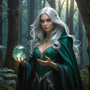 A stunning female witch, with long flowing silver hair and piercing emerald eyes, stands amidst a dense, enchanted forest at twilight, her cloak billowing around her as she holds a glowing crystal ball, the trees illuminated by a soft, mystical light.