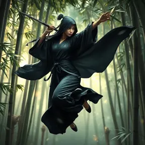 A breathtaking female ninja in a flowing, midnight-black kimono, gracefully leaping through a bamboo forest, the leaves shimmering with a magical glow, her movements fluid and precise, capturing the essence of both beauty and deadly skill