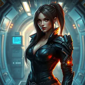 An exquisite female rogue from StarCraft, depicted in a high-tech, underground laboratory, surrounded by advanced machinery and flickering computer screens, her attire a blend of sleek leather and metallic accents, her expression both fierce and focused.