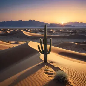 A vast, golden desert under a twilight sky, with dunes sculpted by the wind and a solitary cactus standing vigil.