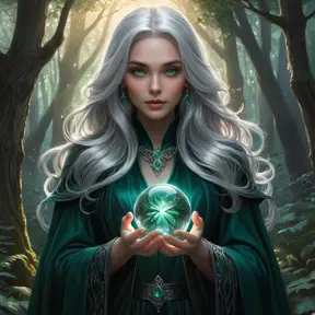 A stunning female witch, with long flowing silver hair and piercing emerald eyes, stands amidst a dense, enchanted forest at twilight, her cloak billowing around her as she holds a glowing crystal ball, the trees illuminated by a soft, mystical light.