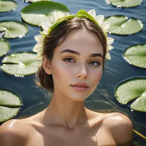 A gorgeous model with a serene expression, floating in a tranquil pool of water, surrounded by lily pads and soft, diffused sunlight creating a halo effect around her.