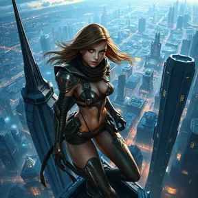 A breathtaking female rogue from StarCraft, perched atop a towering skyscraper overlooking a sprawling cybernetic cityscape, the wind tousling her hair, her gaze distant yet sharp, her body poised for action, the city lights twinkling below.