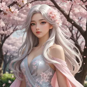 A serene anime character with long silver hair, standing amidst a cherry blossom forest, the petals swirling around her in a gentle breeze, her eyes reflecting the soft pink hues of the blossoms.