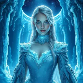 An ethereal portrait of a beautiful female ice sorceress, her eyes shimmering with a cold, blue light, wearing a gown made of frost and snowflakes, standing in a grand hall of ice pillars that reach towards a starry night sky.