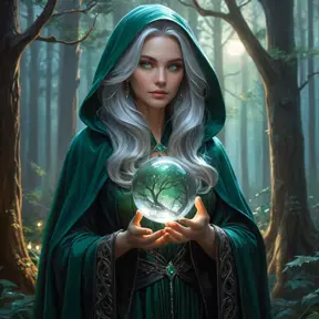 A stunning female witch, with long flowing silver hair and piercing emerald eyes, stands amidst a dense, enchanted forest at twilight, her cloak billowing around her as she holds a glowing crystal ball, the trees illuminated by a soft, mystical light.