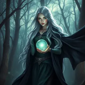 A stunning female witch, with long flowing silver hair and piercing emerald eyes, stands amidst a dense, enchanted forest at twilight, her cloak billowing around her as she holds a glowing crystal ball, the trees illuminated by a soft, mystical light.