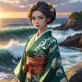 An anime character with striking emerald eyes, dressed in a traditional Japanese kimono adorned with intricate patterns of waves and dragons, standing on a rocky shore at sunset, the ocean waves crashing behind her.