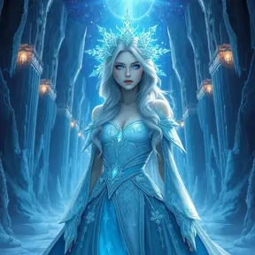 An ethereal portrait of a beautiful female ice sorceress, her eyes shimmering with a cold, blue light, wearing a gown made of frost and snowflakes, standing in a grand hall of ice pillars that reach towards a starry night sky.