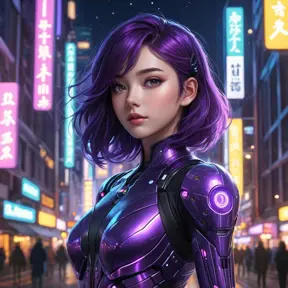 A mysterious anime character with deep purple hair, wearing a futuristic cybernetic suit, standing in a neon-lit cityscape at night, the glow reflecting off her eyes which seem to hold the secrets of the universe.