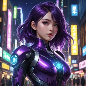 A mysterious anime character with deep purple hair, wearing a futuristic cybernetic suit, standing in a neon-lit cityscape at night, the glow reflecting off her eyes which seem to hold the secrets of the universe.