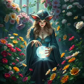 A beautiful female sorceress seated in a lush, overgrown garden, surrounded by blooming flowers of every color, her fingertips gently touching a crystal ball, the air around her shimmering with mystical energy.