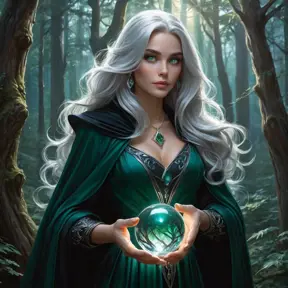 A stunning female witch, with long flowing silver hair and piercing emerald eyes, stands amidst a dense, enchanted forest at twilight, her cloak billowing around her as she holds a glowing crystal ball, the trees illuminated by a soft, mystical light.