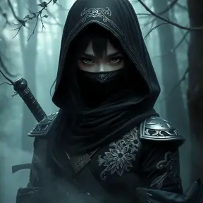 A captivating female ninja concealed within a mist-laden forest, her features partially obscured by a veil of fog, her attire a mix of stealthy dark fabrics and intricate silver detailing, the environment around her both haunting and enchanting