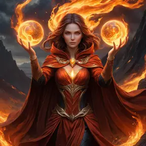 A radiant female fire sorceress, her form engulfed in a swirling cloak of flames, standing before a volcanic backdrop, her eyes glowing with an intense, fiery passion, her hands outstretched, manipulating a sphere of molten fire.