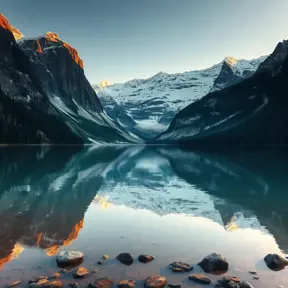 A serene mountain lake at dawn, surrounded by towering peaks dusted with snow, their reflections shimmering on the still water's surface.