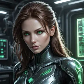 An artistic rendition of Sarah Kerrigan, the Ghost Queen, her form cloaked in a dark, form-fitting suit that contrasts with her pale skin, her eyes a piercing green, set in a dimly lit, atmospheric scene of a high-tech laboratory, with holographic data streams floating around her.