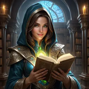 A mesmerizing female rogue from StarCraft, cloaked in shadows within a grand, ancient library filled with holographic scrolls and digital artifacts, her hands gently touching a glowing ancient tome, her face partially hidden, revealing a mysterious smile.