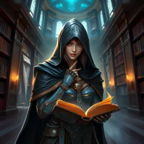 A mesmerizing female rogue from StarCraft, cloaked in shadows within a grand, ancient library filled with holographic scrolls and digital artifacts, her hands gently touching a glowing ancient tome, her face partially hidden, revealing a mysterious smile.