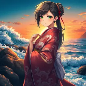 An anime character with striking emerald eyes, dressed in a traditional Japanese kimono adorned with intricate patterns of waves and dragons, standing on a rocky shore at sunset, the ocean waves crashing behind her.