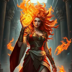 A stunning female fire sorceress, depicted in a grand, ancient temple, surrounded by pillars carved with fiery symbols, her attire a blend of flowing robes and fiery armor, her hair ablaze with ethereal fire, her expression serene yet powerful.