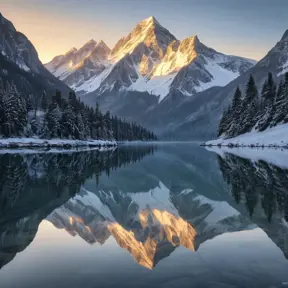 A serene mountain lake at dawn, surrounded by towering peaks dusted with snow, their reflections shimmering on the still water's surface.