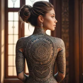 A stunning tattooed woman with intricate mandala patterns covering her arms, back, and neck, standing in a sunlit room with soft, warm lighting accentuating her detailed tattoos.