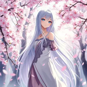 A serene anime character with long silver hair, standing amidst a cherry blossom forest, the petals swirling around her in a gentle breeze, her eyes reflecting the soft pink hues of the blossoms.