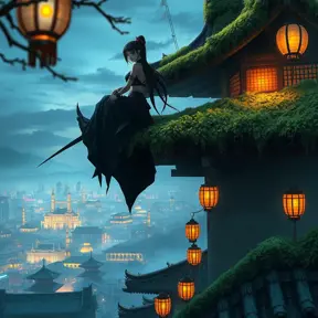 A stunning female ninja perched atop a moss-covered roof of a traditional Japanese temple, the cityscape below her sprawling and illuminated by the soft glow of lanterns, her silhouette sharply defined against the twilight sky