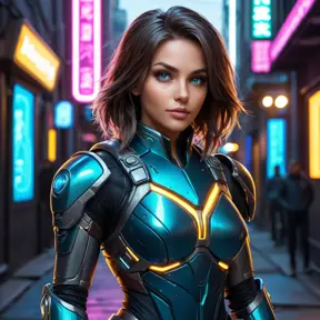 A stunning female rogue from StarCraft, standing amidst a dimly lit, futuristic alleyway, her silhouette sharply defined by neon lights, her eyes gleaming with a mischievous glint, detailed armor reflecting the city's glow, dynamic pose suggesting agility and stealth.