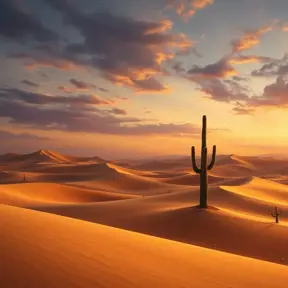 A vast, golden desert under a twilight sky, with dunes sculpted by the wind and a solitary cactus standing vigil.