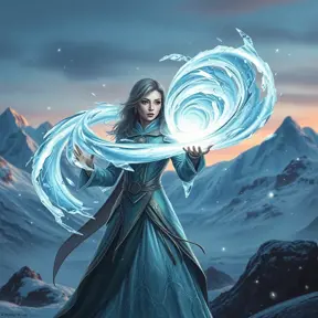 A breathtaking scene of a female ice sorceress casting a spell, her hands emitting a swirling vortex of ice and snow, creating a frozen tornado that twists around her, set against a backdrop of a snowy mountain range at twilight.