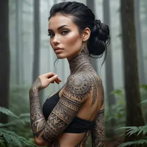 A striking tattooed woman with a tribal design that flows from her hands to her shoulders, standing in a misty forest, the patterns on her skin blending seamlessly with the natural surroundings.