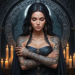 A beautiful female witch, with intricate tattoos of ancient runes covering her arms, stands in a moonlit clearing, surrounded by a circle of candles, her eyes closed in deep concentration, a large, ornate tome open before her.