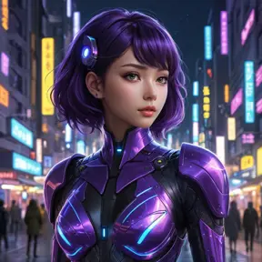 A mysterious anime character with deep purple hair, wearing a futuristic cybernetic suit, standing in a neon-lit cityscape at night, the glow reflecting off her eyes which seem to hold the secrets of the universe.