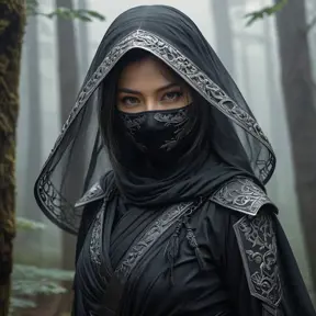 A captivating female ninja concealed within a mist-laden forest, her features partially obscured by a veil of fog, her attire a mix of stealthy dark fabrics and intricate silver detailing, the environment around her both haunting and enchanting